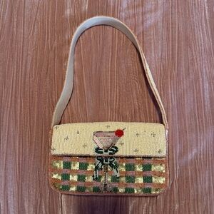 Anthropologie Beaded Cocktail Shoulder Bag - Cream and Green